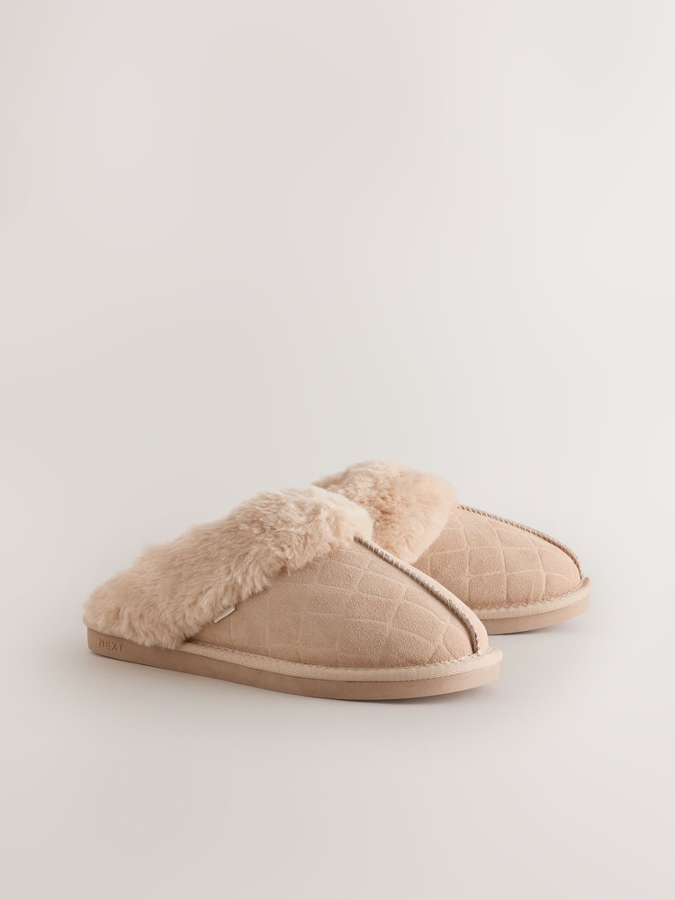 Ecru Croc Faux Fur Lined Suede Mule Slippers - Image 2 of 5
