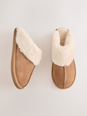 Tan Brown Faux Fur Lined Suede Mule Slippers - Image 1 of 6