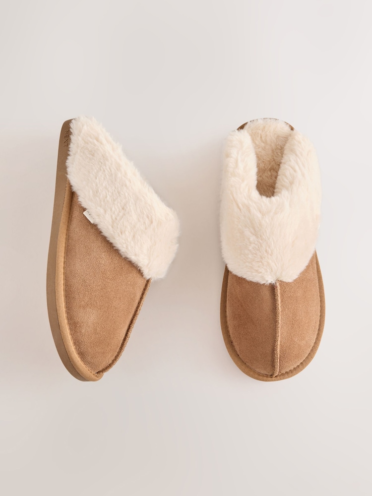 Tan Brown Faux Fur Lined Suede Mule Slippers - Image 1 of 6