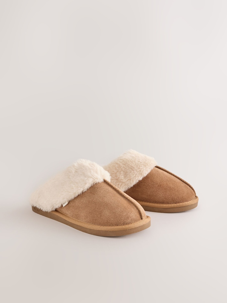 Tan Brown Faux Fur Lined Suede Mule Slippers - Image 2 of 6