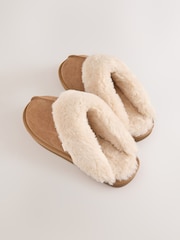 Tan Brown Faux Fur Lined Suede Mule Slippers - Image 3 of 6