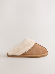 Tan Brown Faux Fur Lined Suede Mule Slippers - Image 4 of 6