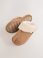 Tan Brown Faux Fur Lined Suede Mule Slippers - Image 5 of 6