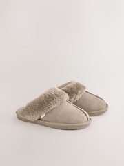 Grey/Brown Faux Fur Lined Suede Mule Slippers - Image 1 of 5