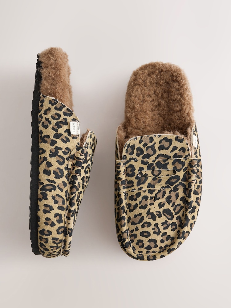 Animal/Brown Suede Footbed Slippers - Image 1 of 5 Animal/Brown Suede Footbed Slippers - Image 1 of 5
