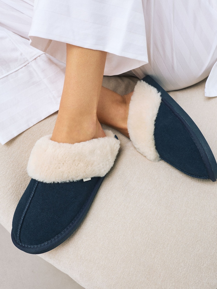Navy Blue Faux Fur Lined Suede Mule Slippers - Image 1 of 9 Navy Blue Faux Fur Lined Suede Mule Slippers - Image 1 of 9