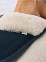 Navy Blue Faux Fur Lined Suede Mule Slippers - Image 3 of 9