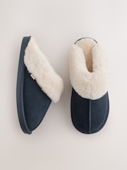 Navy Blue Faux Fur Lined Suede Mule Slippers - Image 4 of 9