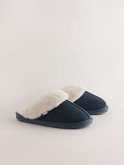 Navy Blue Faux Fur Lined Suede Mule Slippers - Image 5 of 9
