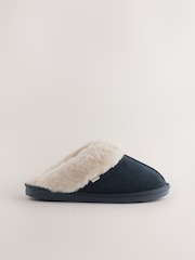 Navy Blue Faux Fur Lined Suede Mule Slippers - Image 6 of 9