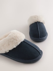 Navy Blue Faux Fur Lined Suede Mule Slippers - Image 7 of 9