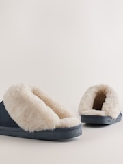 Navy Blue Faux Fur Lined Suede Mule Slippers - Image 8 of 9