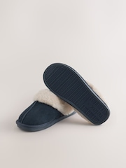 Navy Blue Faux Fur Lined Suede Mule Slippers - Image 9 of 9