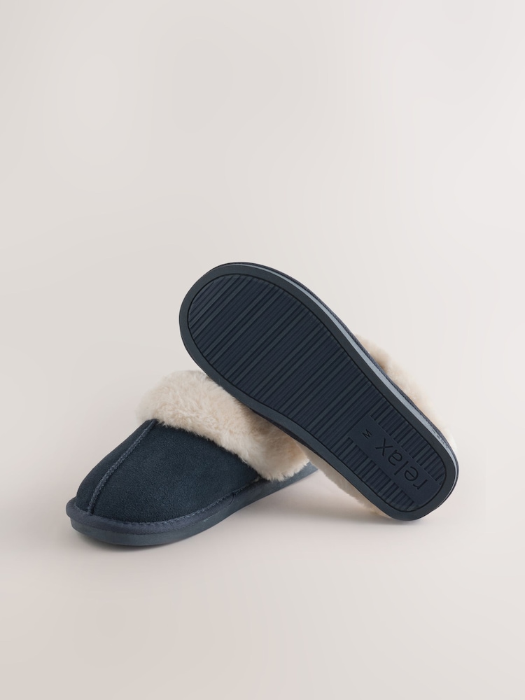 Navy Blue Faux Fur Lined Suede Mule Slippers - Image 9 of 9 Navy Blue Faux Fur Lined Suede Mule Slippers - Image 9 of 9