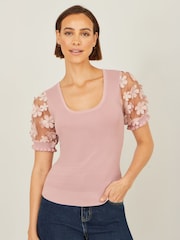 Yumi Pink Knitted Top With Floral Applique - Image 1 of 5