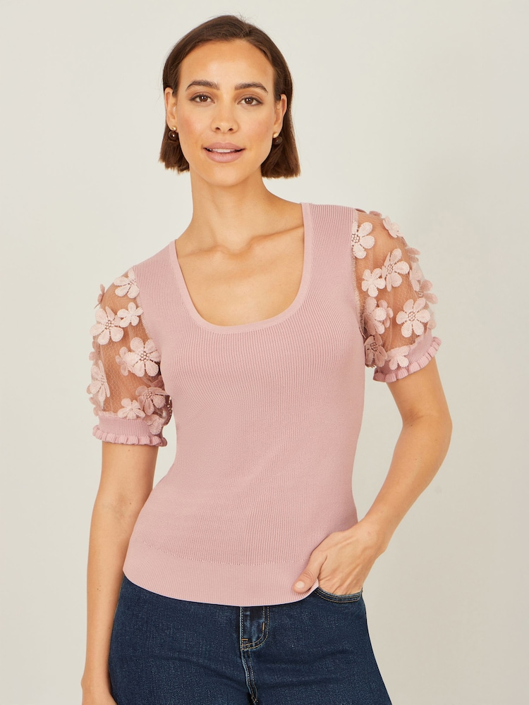 Yumi Pink Knitted Top With Floral Applique - Image 1 of 5