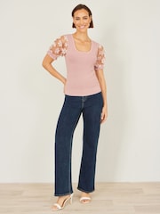 Yumi Pink Knitted Top With Floral Applique - Image 2 of 5
