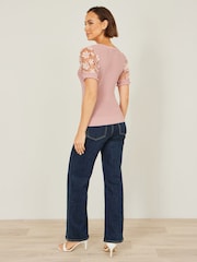 Yumi Pink Knitted Top With Floral Applique - Image 4 of 5