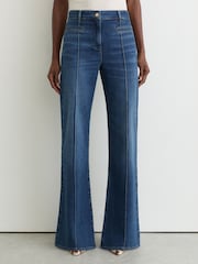 Reiss Mid Blue Claude Petite Pintuck-Detail Flared Jeans - Image 1 of 7