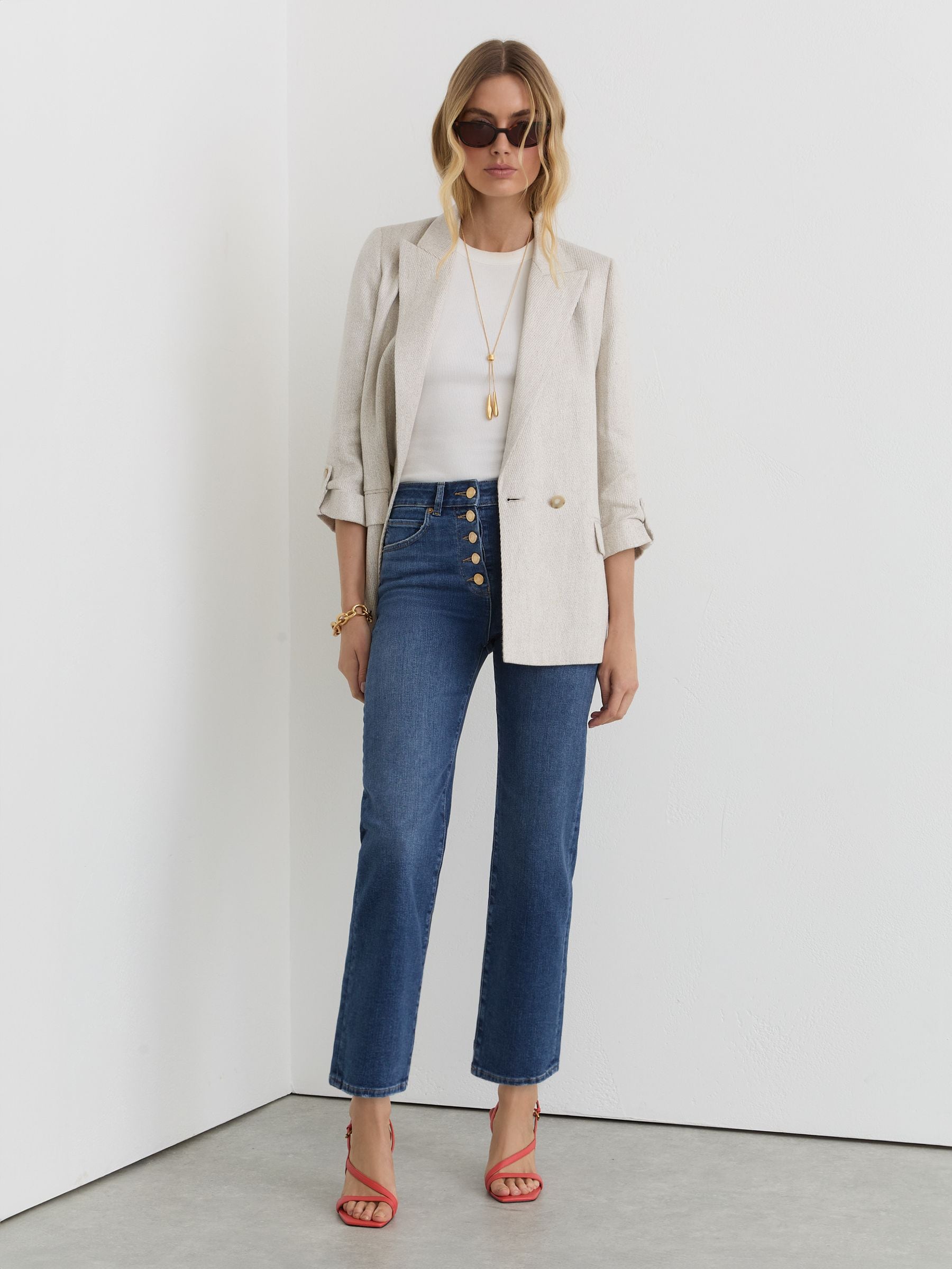 Reiss Mid Blue Straight-leg Cropped Jeans