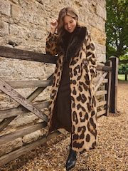 Love & Roses X Binky Brown Leopard Fur Collared Wrap Coat - Image 1 of 5