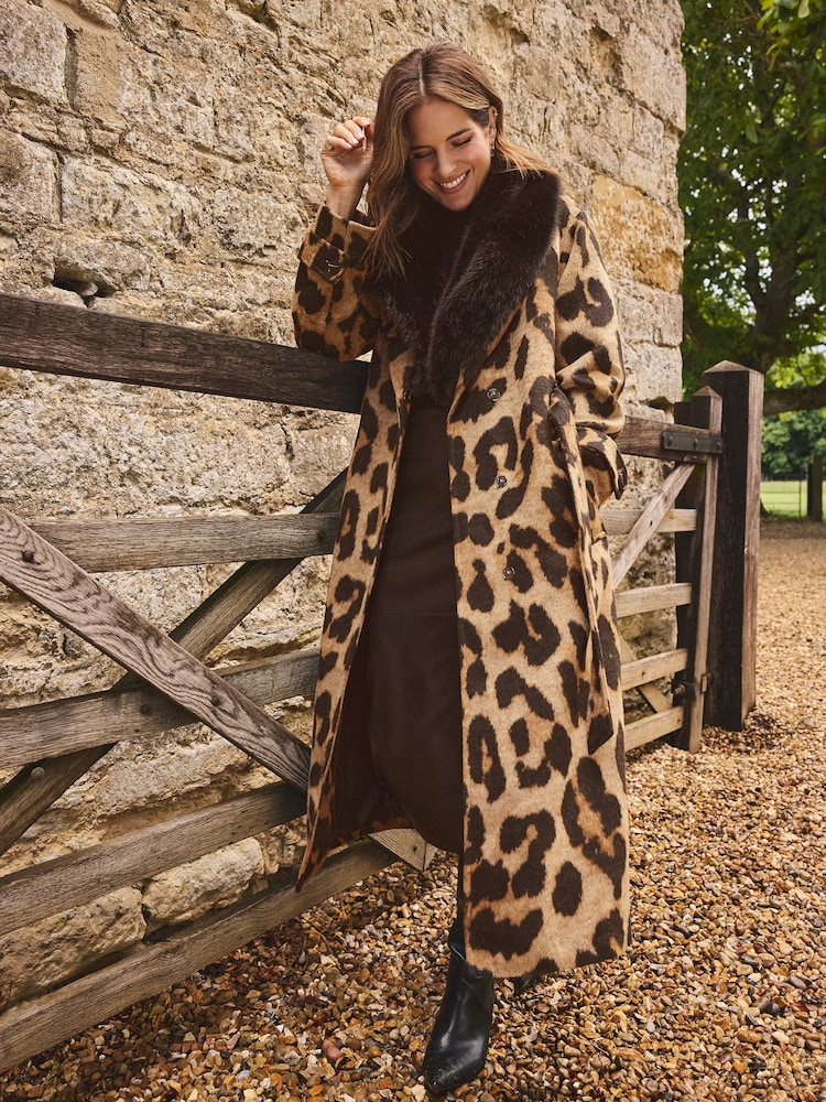 Love & Roses X Binky Brown Leopard Fur Collared Wrap Coat - Image 1 of 5