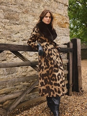 Love & Roses X Binky Brown Leopard Fur Collared Wrap Coat - Image 2 of 5