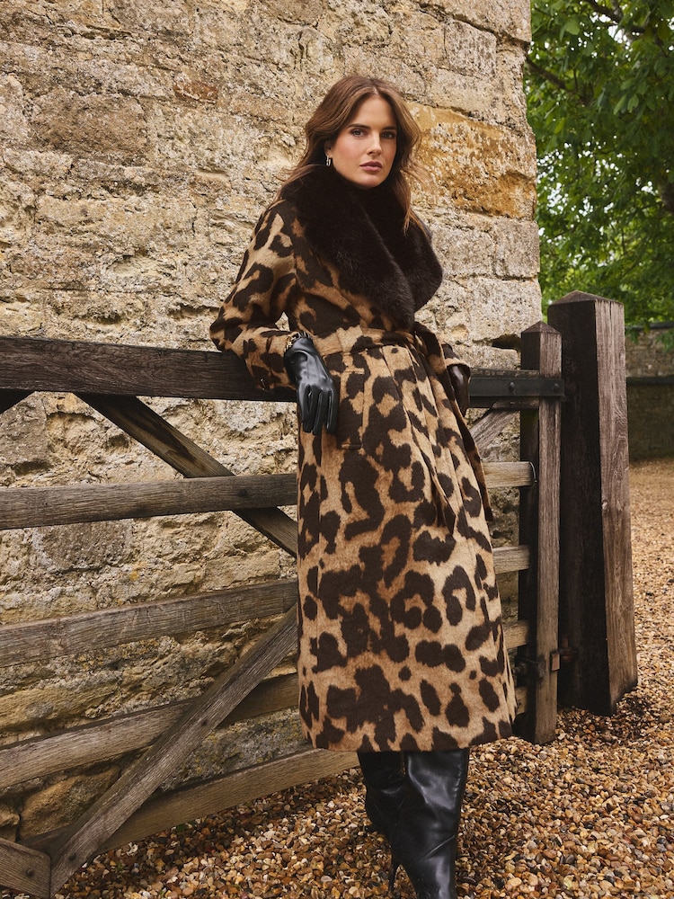 Love & Roses X Binky Brown Leopard Fur Collared Wrap Coat - Image 2 of 5