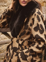 Love & Roses X Binky Brown Leopard Fur Collared Wrap Coat - Image 3 of 5