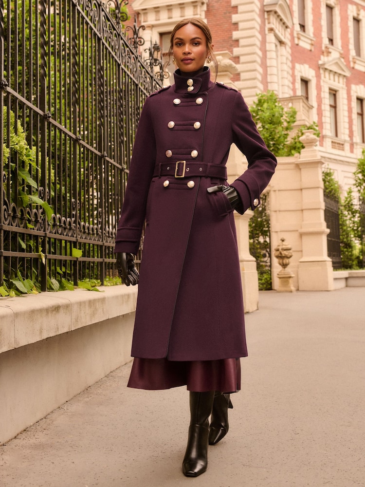 Love & Roses Burgundy Red Petite Funnel Neck Military Faux Wool Coat - Image 1 of 4 Love & Roses Burgundy Red Petite Funnel Neck Military Faux Wool Coat - Image 1 of 4