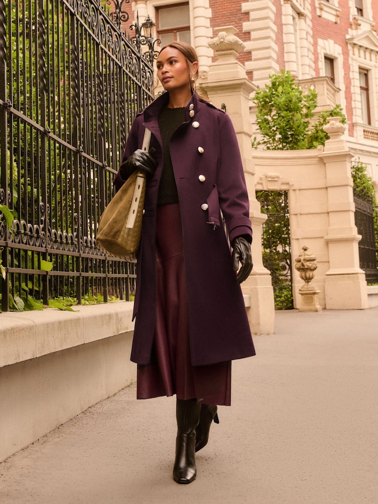 Love & Roses Burgundy Red Petite Funnel Neck Military Faux Wool Coat - Image 2 of 4 Love & Roses Burgundy Red Petite Funnel Neck Military Faux Wool Coat - Image 2 of 4