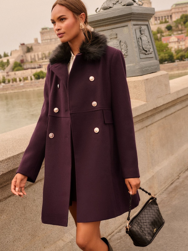 Love & Roses Burgundy Red Petite Fur Collar Mid Length Dolly Coat - Image 1 of 5 Love & Roses Burgundy Red Petite Fur Collar Mid Length Dolly Coat - Image 1 of 5