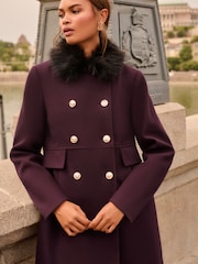 Love & Roses Burgundy Red Petite Fur Collar Mid Length Dolly Coat - Image 3 of 5