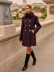 Love & Roses Burgundy Red Petite Fur Collar Mid Length Dolly Coat - Image 4 of 5