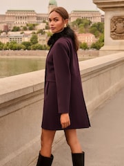 Love & Roses Burgundy Red Petite Fur Collar Mid Length Dolly Coat - Image 5 of 5
