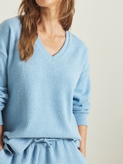 Simply Be Blue V-Neck Waffle Loungewear Set - Image 3 of 4