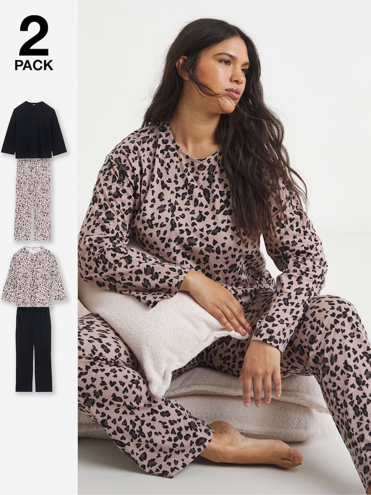 Simply Be Black Simply Be Value Leopard Pyjamas Set 2 Pack - Image 1 of 4