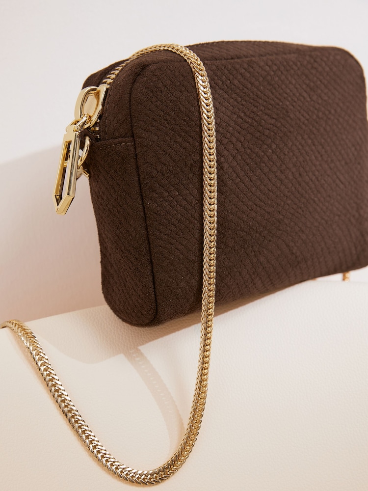 Friends Like These Chocolate Brown Suedette Chain Cross-Body Bag - Image 2 of 8 Friends Like These Chocolate Brown Suedette Chain Cross-Body Bag - Image 2 of 8