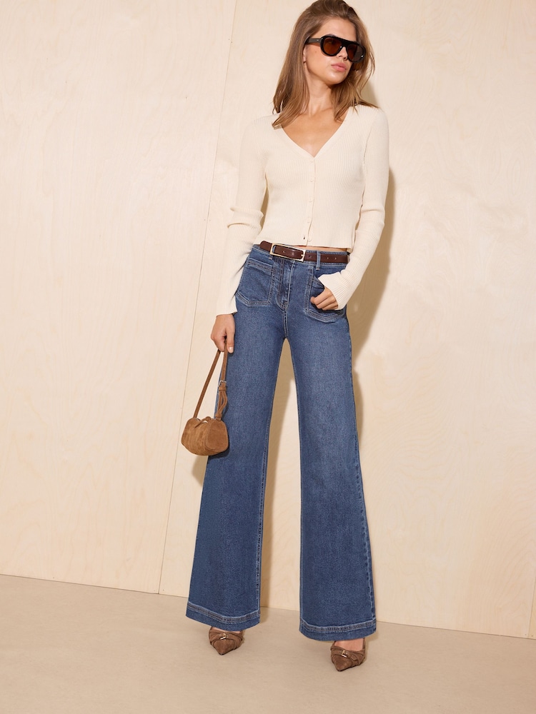 Friends Like These Mid Wash Pocket Detail Smart Wide Leg Jeans - Image 1 of 6 Friends Like These Mid Wash Pocket Detail Smart Wide Leg Jeans - Image 1 of 6