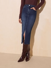 Friends Like These Denim Inky Blue Split Front Denim Midi Skirt - Image 2 of 5