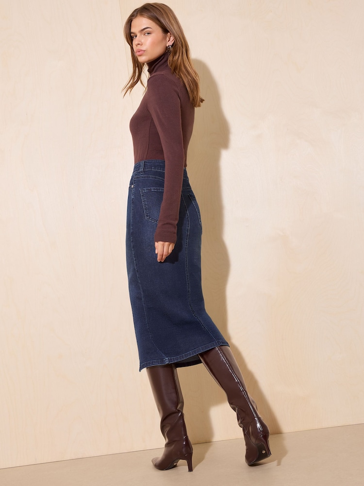 Friends Like These Denim Inky Blue Split Front Denim Midi Skirt - Image 5 of 5 Friends Like These Denim Inky Blue Split Front Denim Midi Skirt - Image 5 of 5