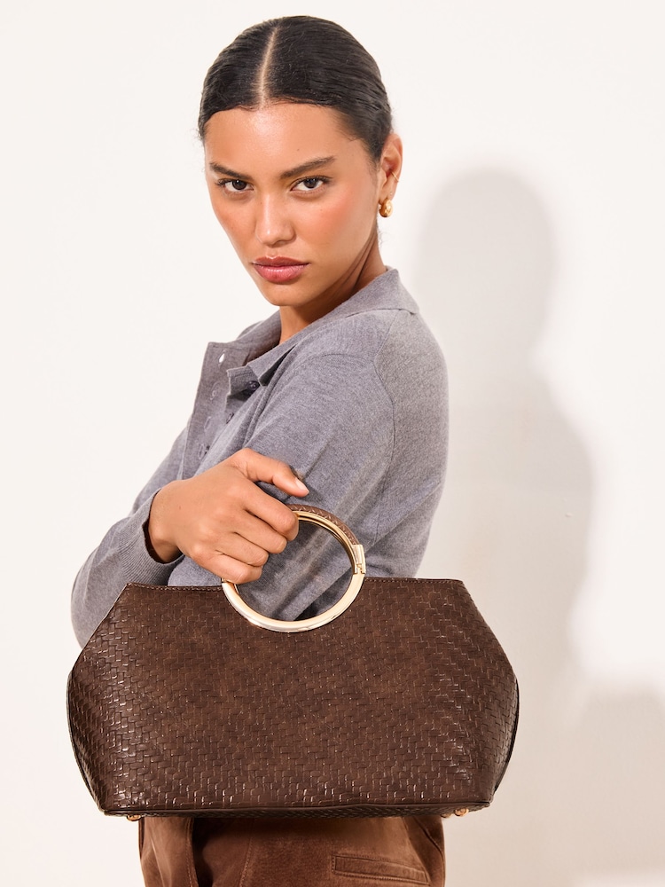 Lipsy Chocolate Brown Weave Top Handle Tote Bag - Image 1 of 7