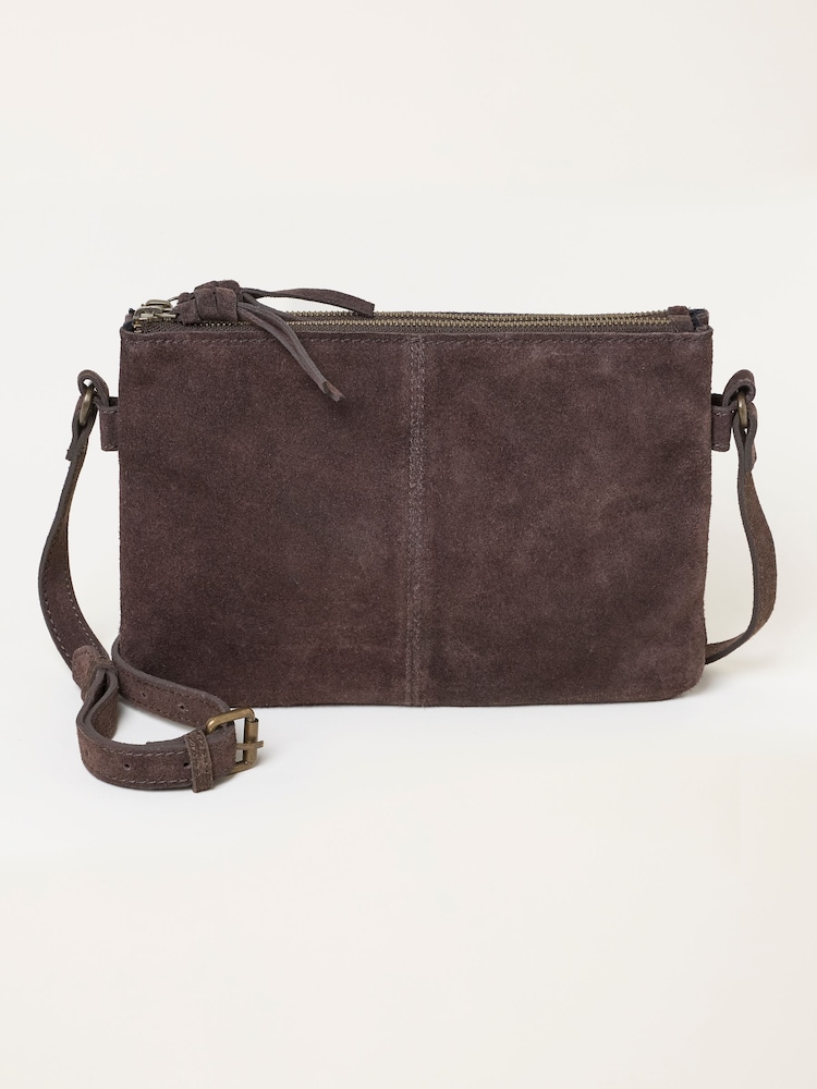 FatFace Chocolate Brown Double Compartment Suede Crossbody Bag - Image 1 of 3