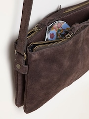 FatFace Chocolate Brown Double Compartment Suede Crossbody Bag - Image 2 of 3