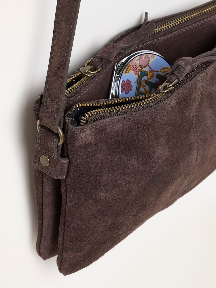 FatFace Chocolate Brown Double Compartment Suede Crossbody Bag - Image 2 of 3