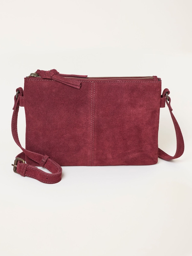 FatFace Burgundy Red Double Compartment Suede Crossbody Bag - Image 1 of 3