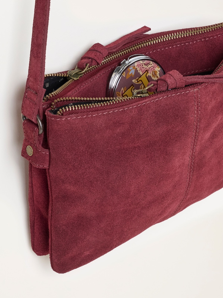 FatFace Burgundy Red Double Compartment Suede Crossbody Bag - Image 3 of 3