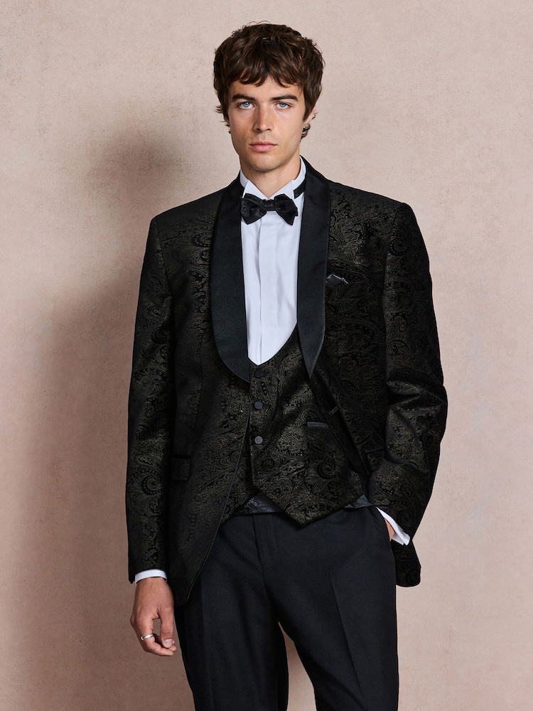 Black/Gold Paisley Printed Slim Fit Cotton Velvet Blazer - Image 1 of 6 Black/Gold Paisley Printed Slim Fit Cotton Velvet Blazer - Image 1 of 6