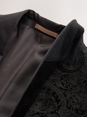 Black/Gold Paisley Printed Slim Fit Cotton Velvet Blazer - Image 10 of 12