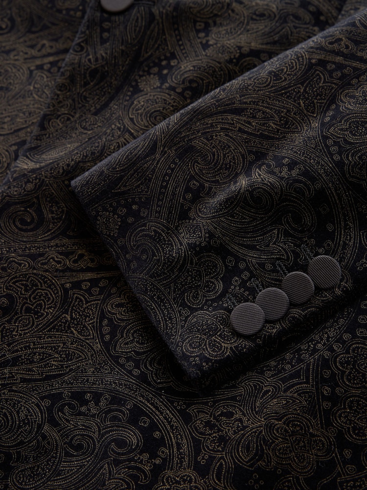Black/Gold Paisley Printed Slim Fit Cotton Velvet Blazer - Image 12 of 12 Black/Gold Paisley Printed Slim Fit Cotton Velvet Blazer - Image 12 of 12